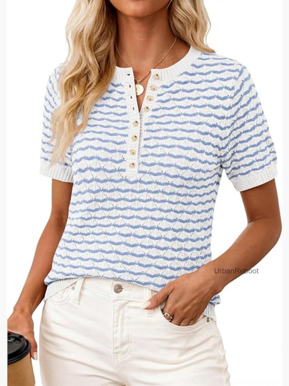 Short Sleeve Henley Sweater Colorblock Knit Pullover Top